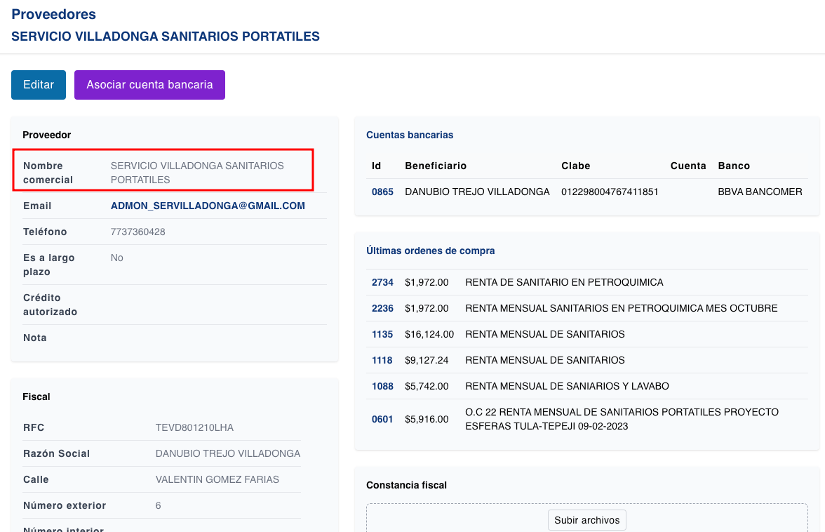 En el proveedor especificar "nombre comercial" para aclarar