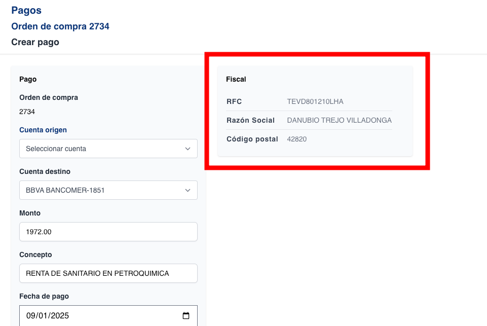 Al agregar pago mostrar la información fiscal del proveedor