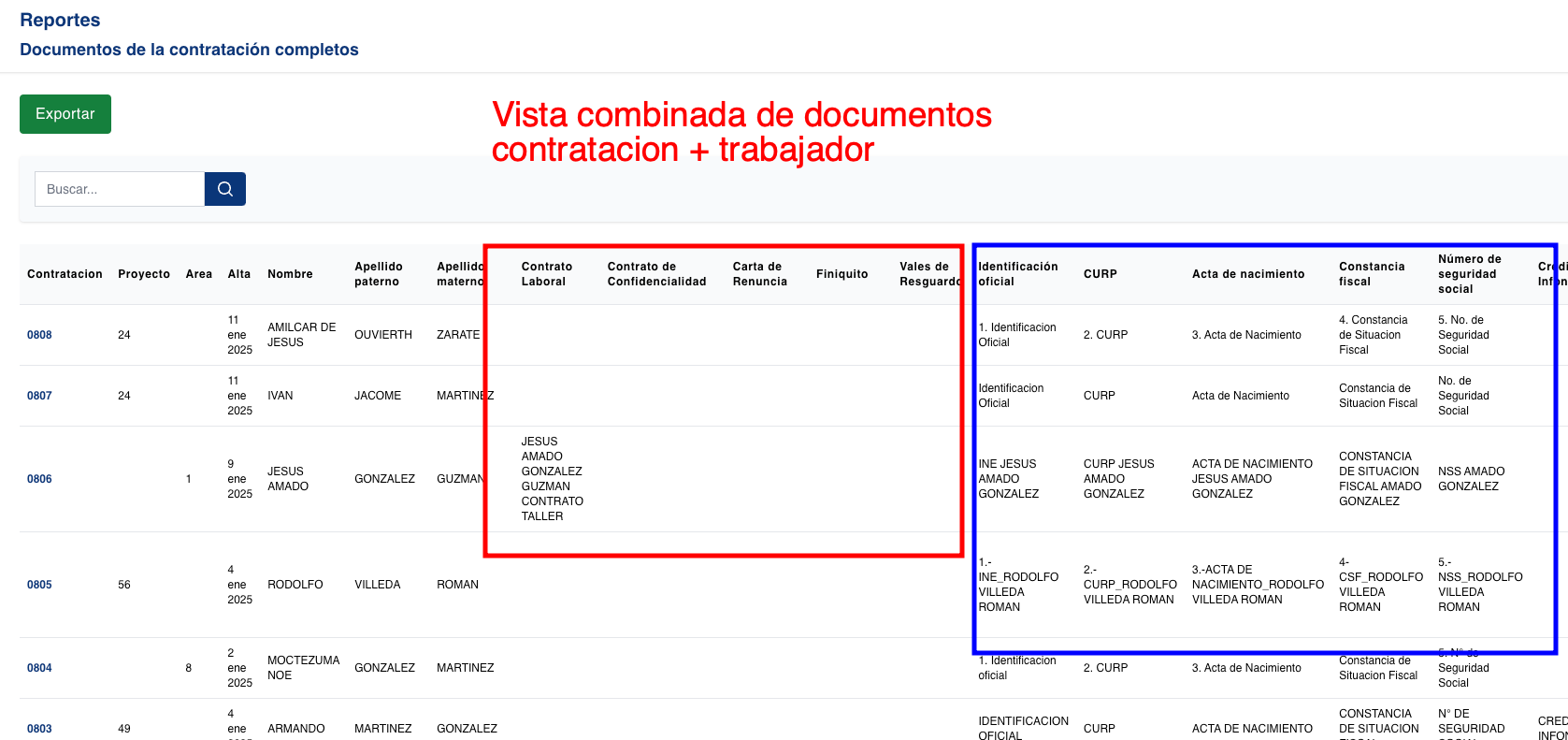 Reporte de documentos de contratacion completo