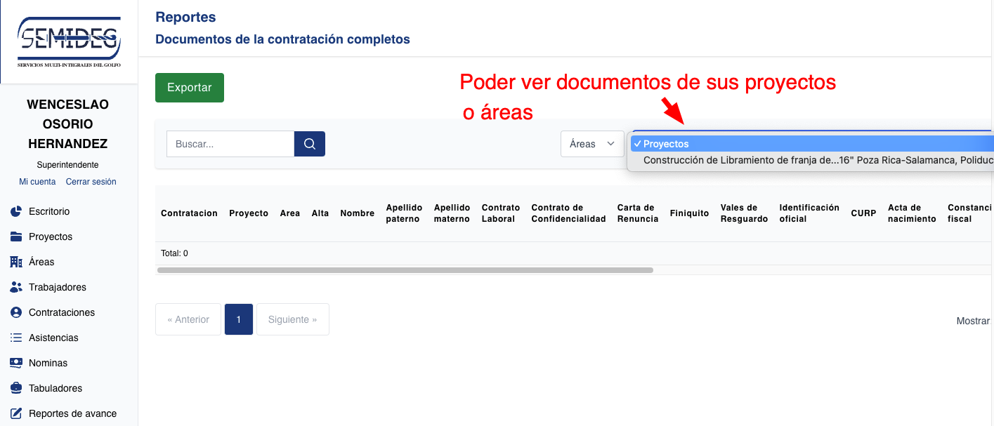 Agregar filtro por proyecto/area al reporte de documentos