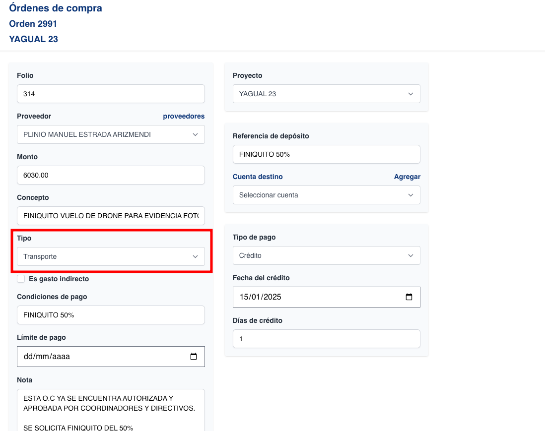 Nuevo tipo de orden de compra "Transporte"