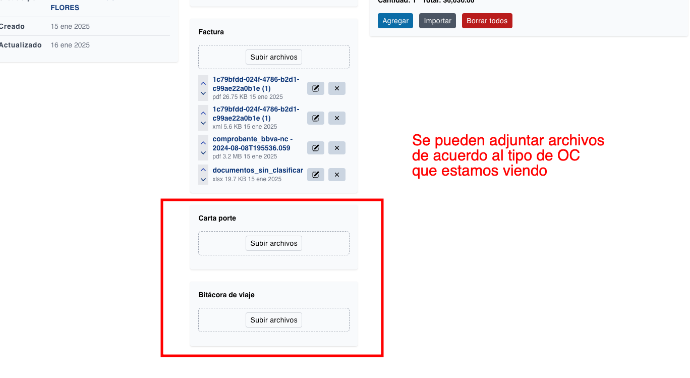 Nuevos archivos a la OC: carta porte, bitácora de viaje, fotografía y/o documento de almacén