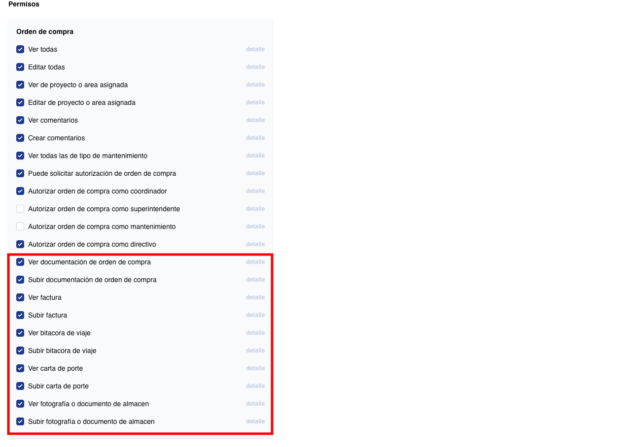 Nuevos permisos en documentos de la orden de compra