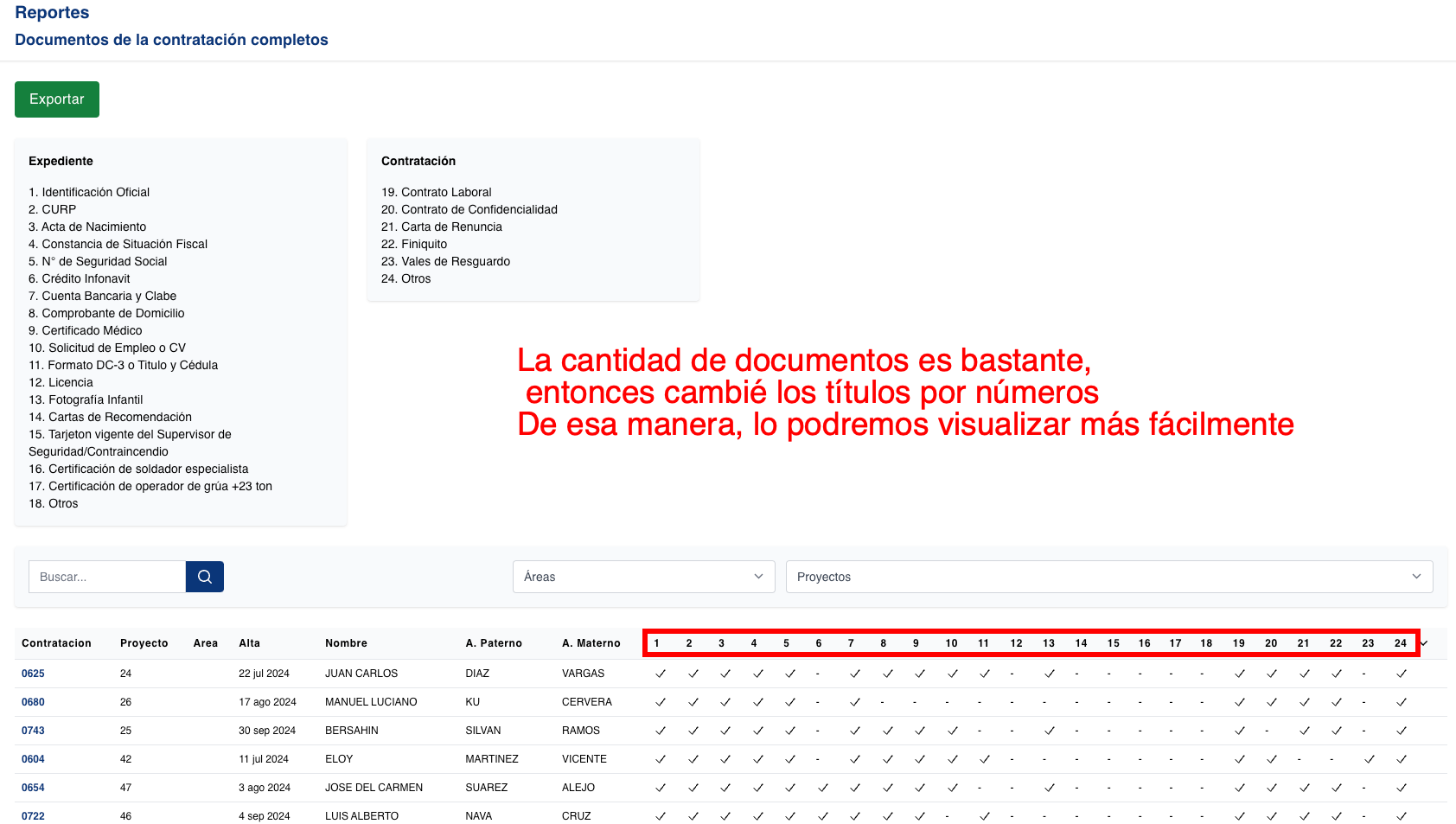 Puse números en los reportes de documentos y agregué filtros para búsqueda por area/proyecto