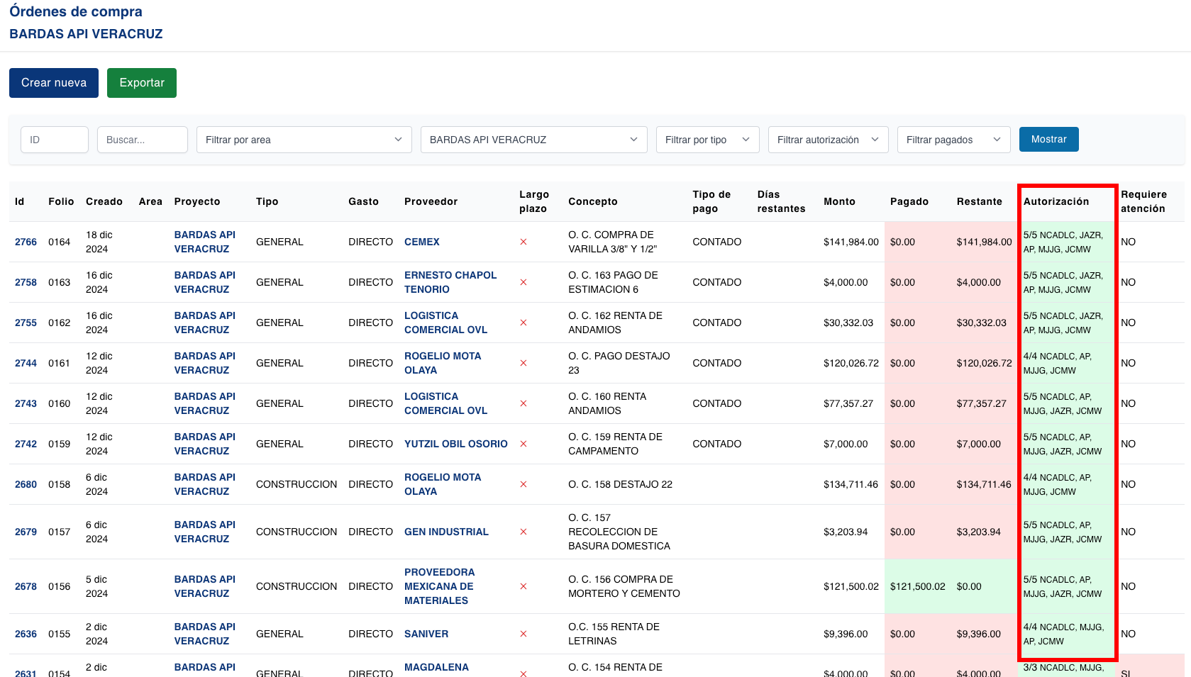 Autorización masiva de OC para proyecto "Bardas API Veracruz"