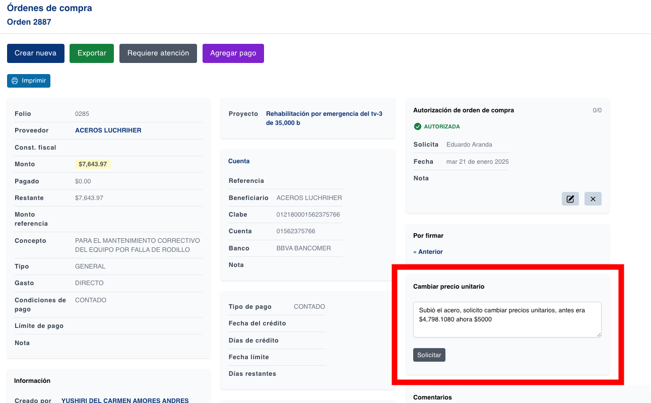 Cambio de precio unitario para ordenes de compra autorizadas
