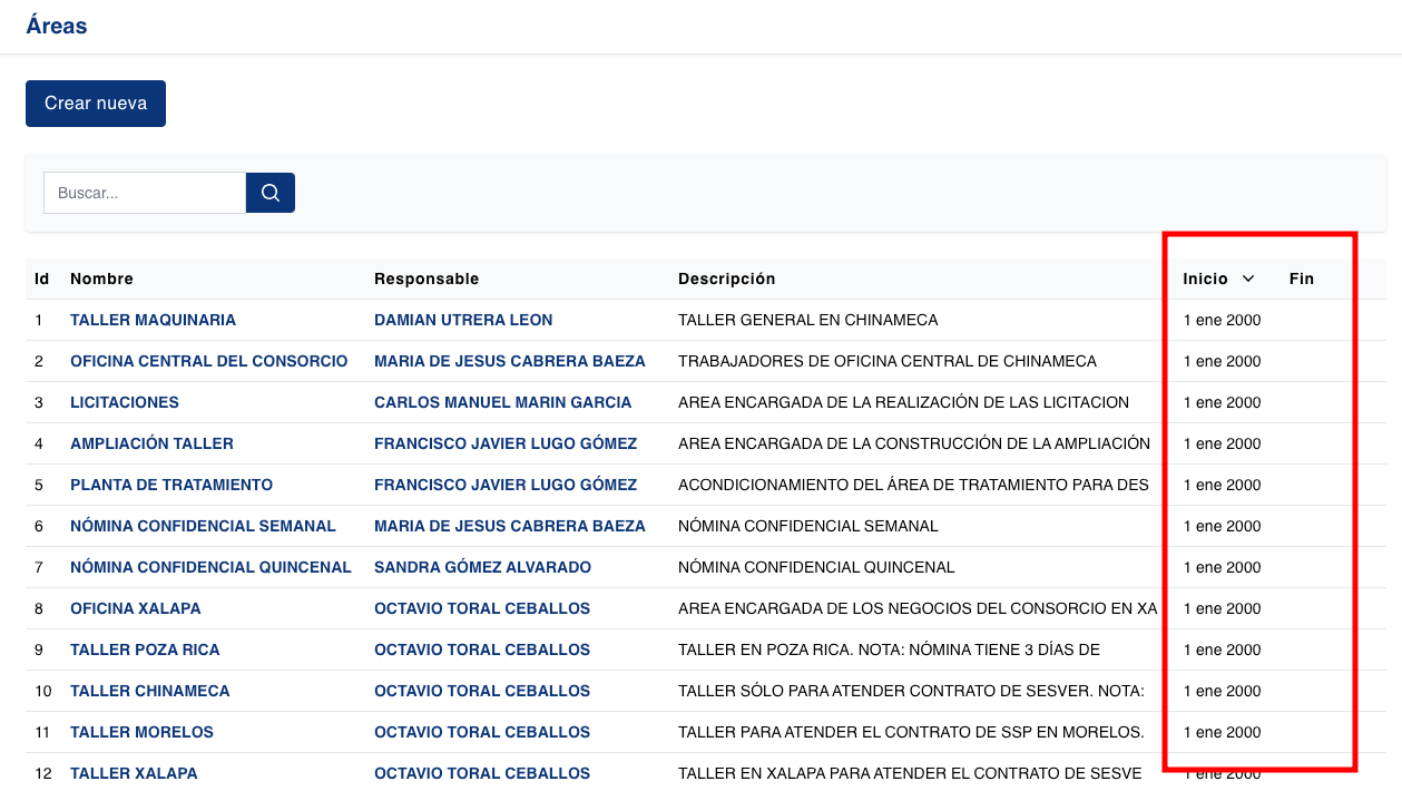 Ahora las áreas llevan fecha de inicio y fin al igual que los proyectos