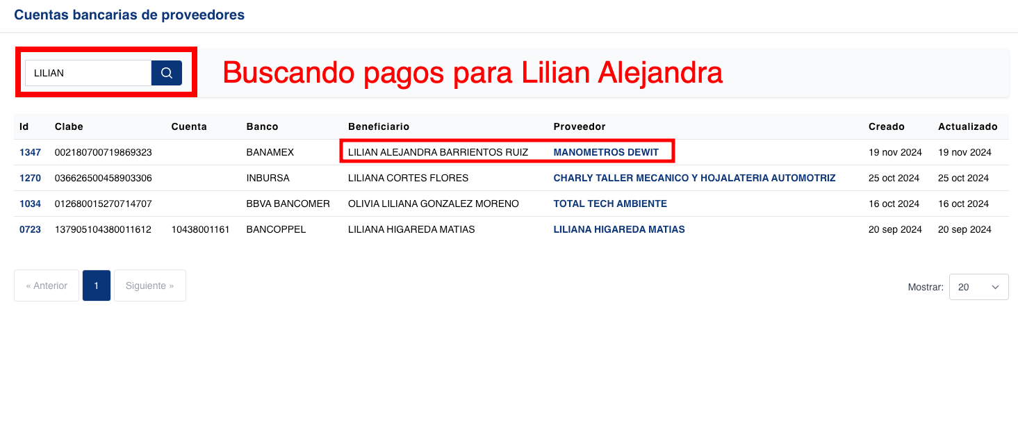 Facilitar búsqueda por beneficiario bancario de proveedores