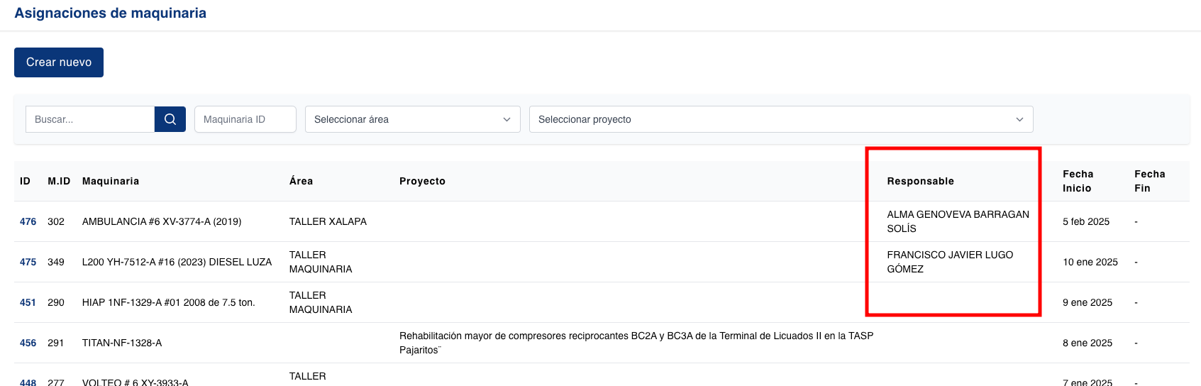 En las asignaciones de maquinaria agregar el campo "responsable"