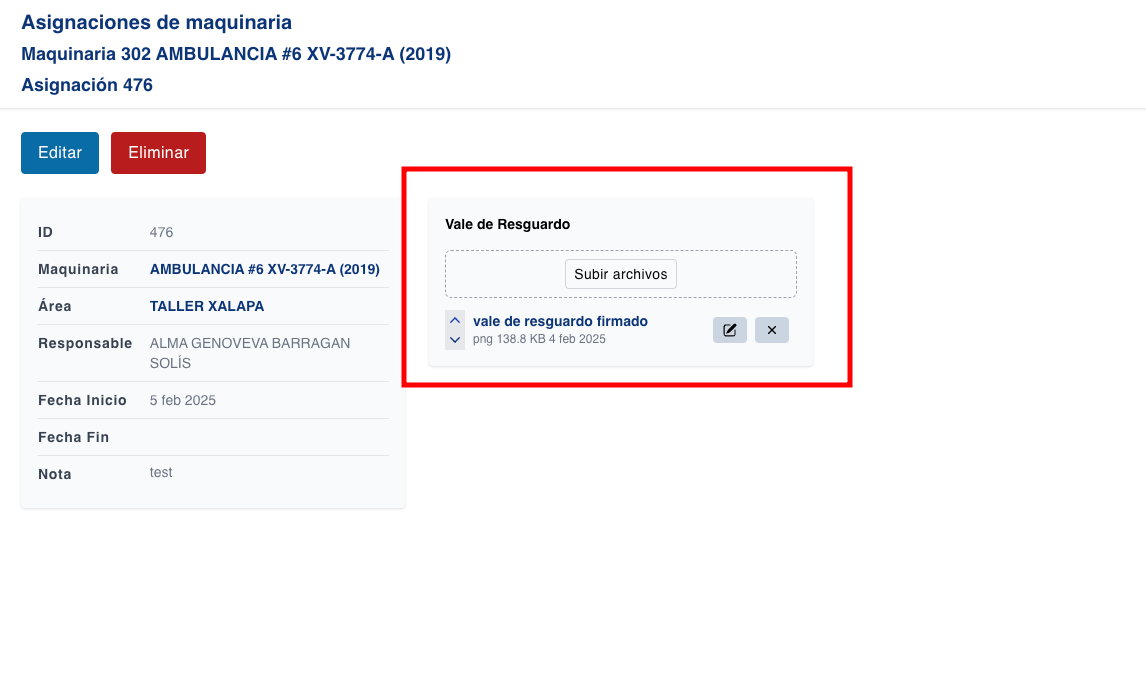 Ahora se puede agregar el vale de resguardo a cada asignación de maquinaria