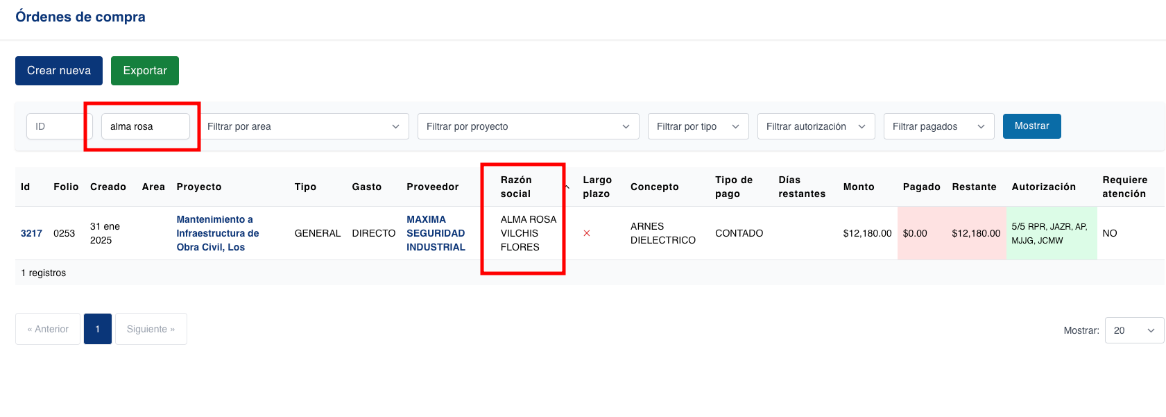 Poder buscar orden de compra por razón social