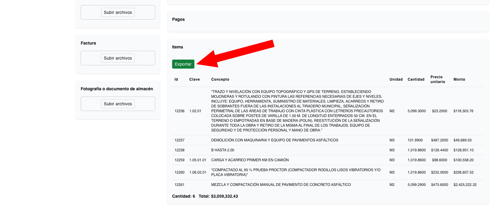 Exportar ítems de la orden de compra