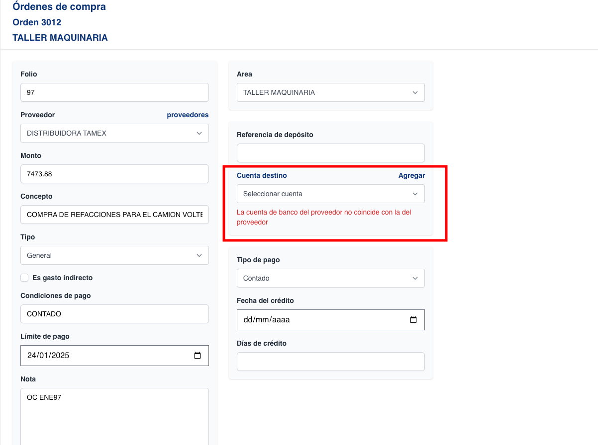 Validar que el proveedor y la cuenta de banco coincidan
