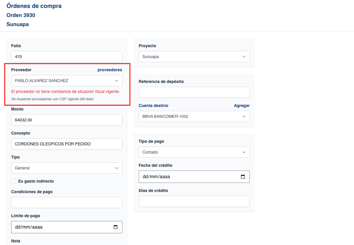 validar vigencia de CSF en proveedores