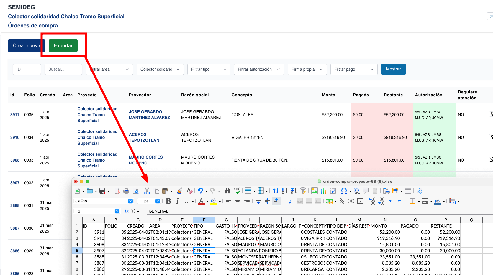 arreglo: al exportar las ordenes de compra se mostraba el valor en centavos en lugar de pesos