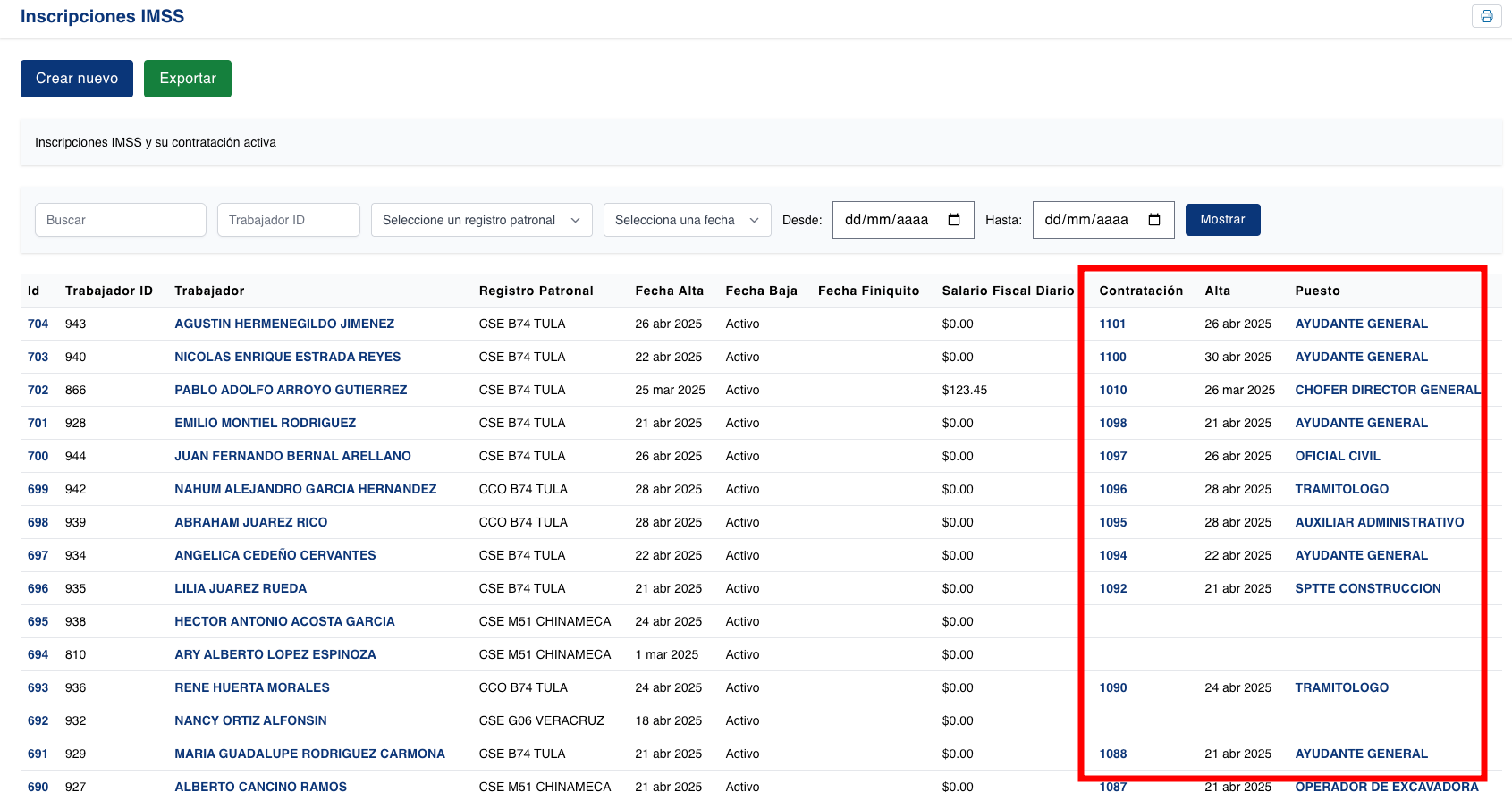 Mostrar columna con contratación activa y puesto en listado de inscripciones IMSS