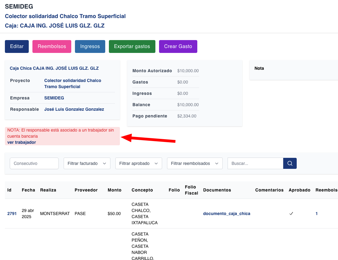 validacion de cuenta bancaria del trabajador en caja chica