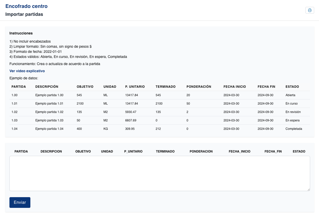 Importación completa de partidas de proyecto