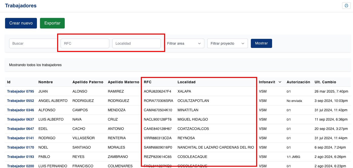 Agregué rfc y localidad a la tabla de trabajadores y contrataciones