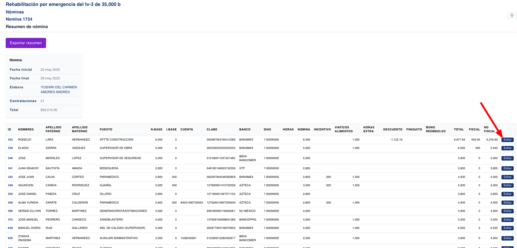 poder editar nomina-contratacion (monto fiscal y cuenta bancaria)