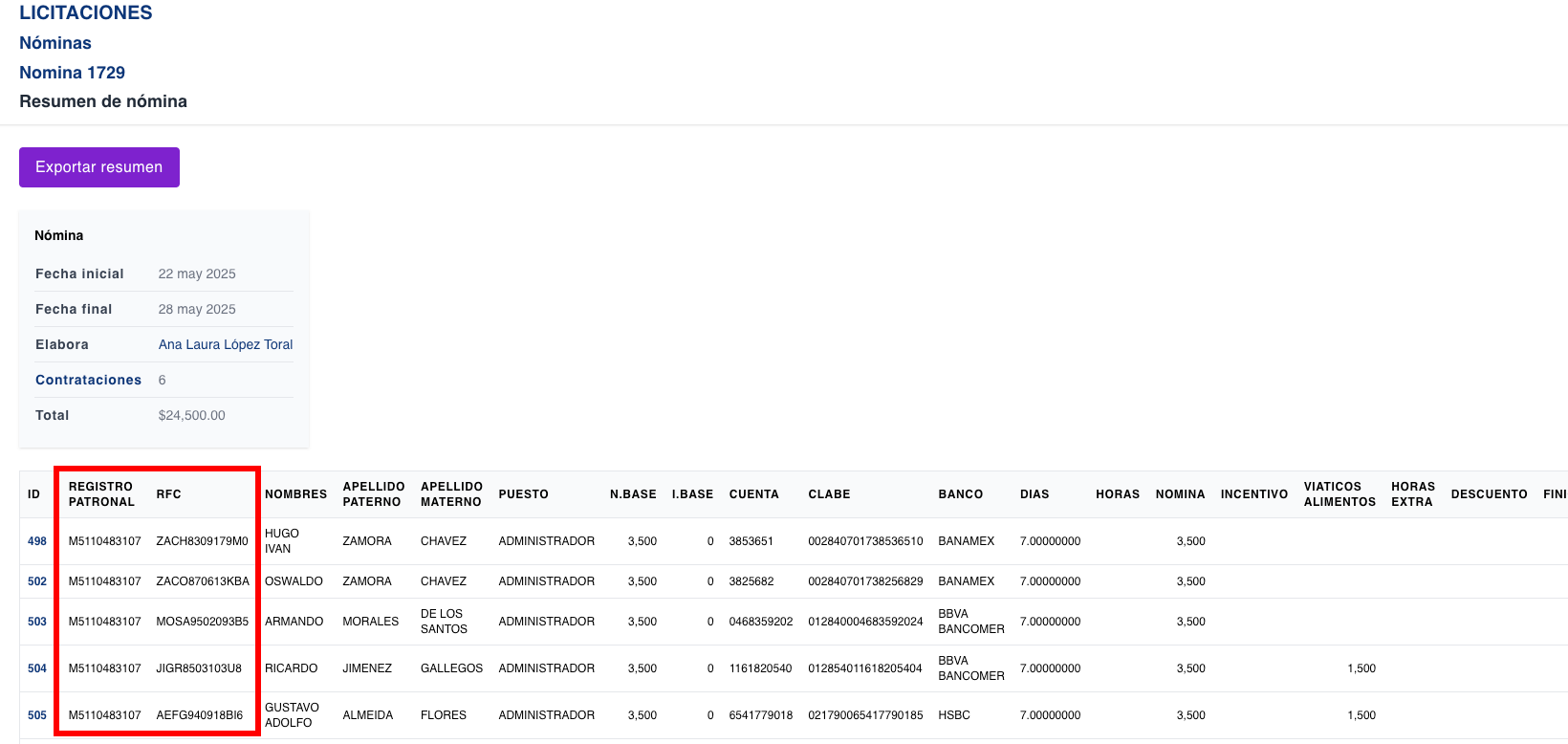 Agregar columna registro patronal y rfc a nomina-resumen