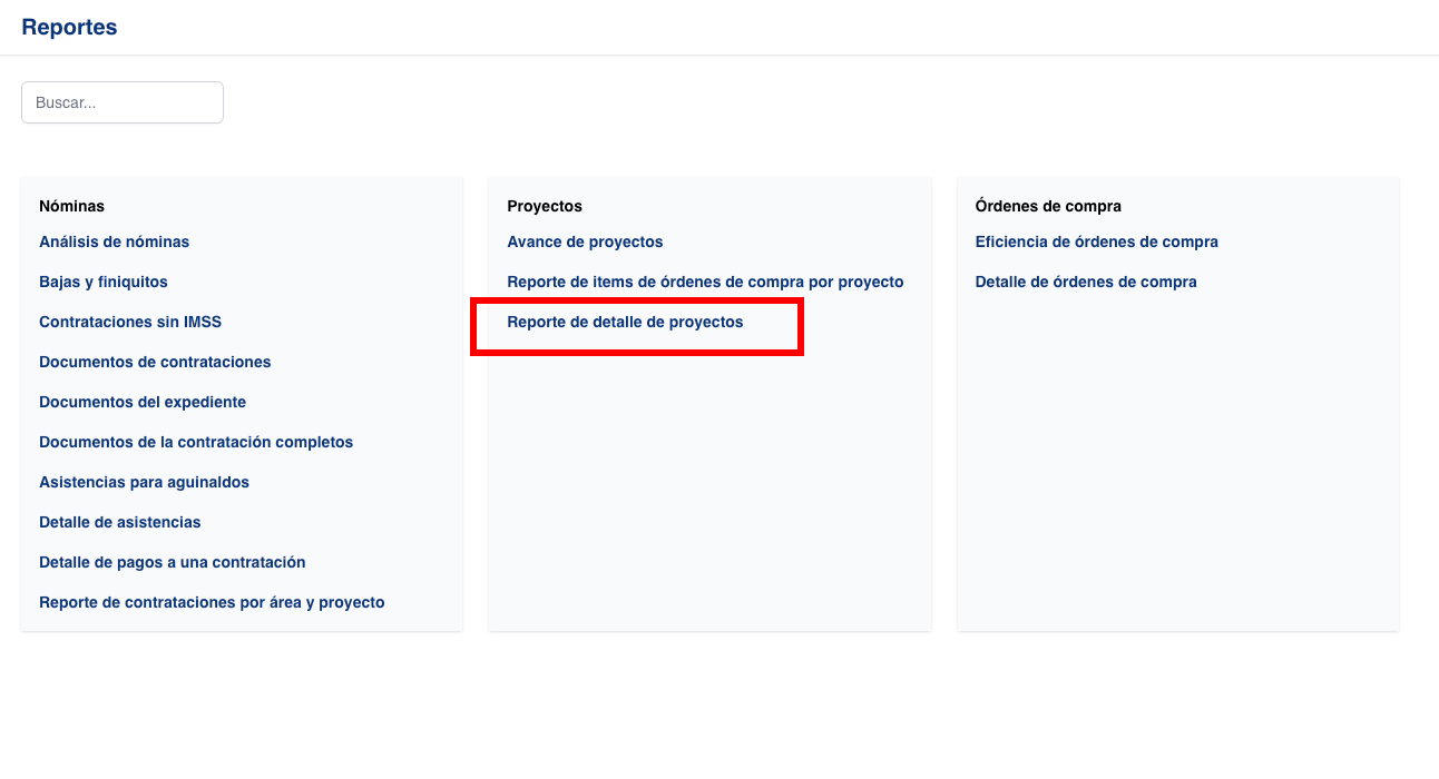 Reporte detalle de Proyectos
