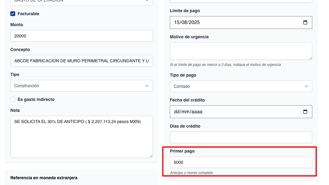 Agregué "primer pago" a orden de compra