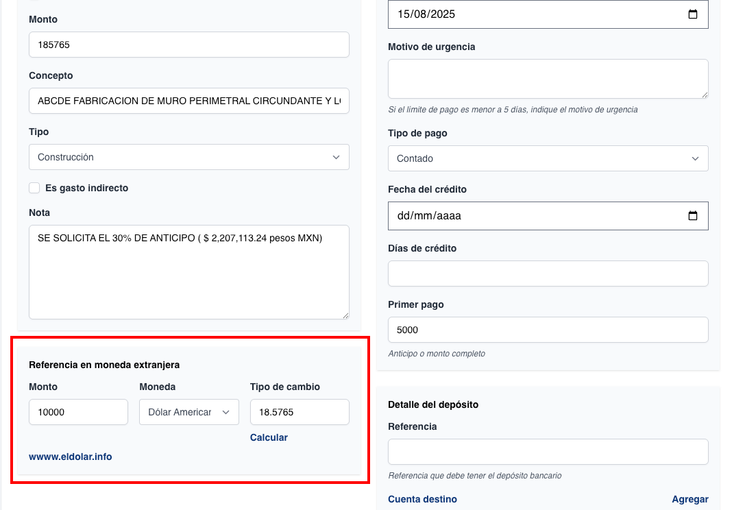 Agregué tipo de cambio a orden de compra