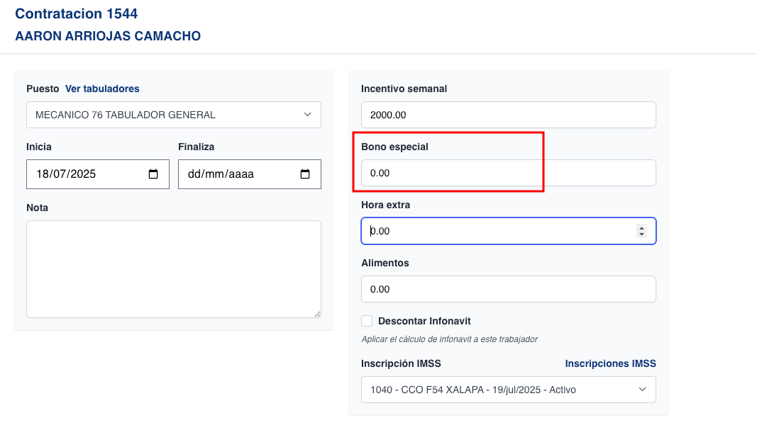 Agregar "bono especial" a las contrataciones