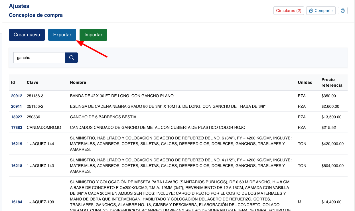 poder exportar conceptos de compra