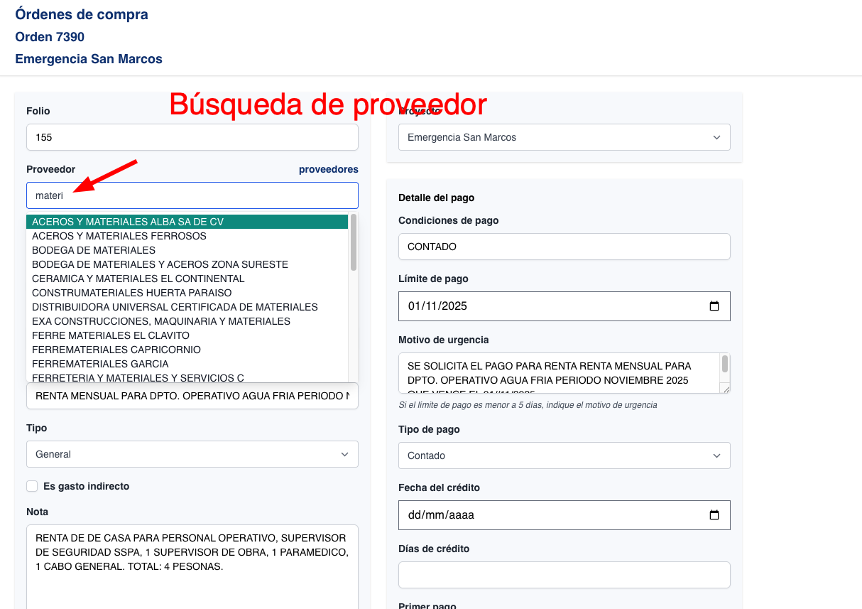 Agregar buscador de proveedores a OC