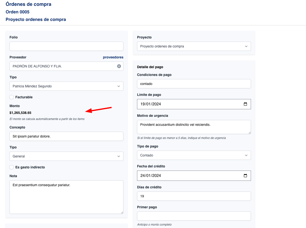 En OC el campo monto se deshabilita cuando existen ítems
