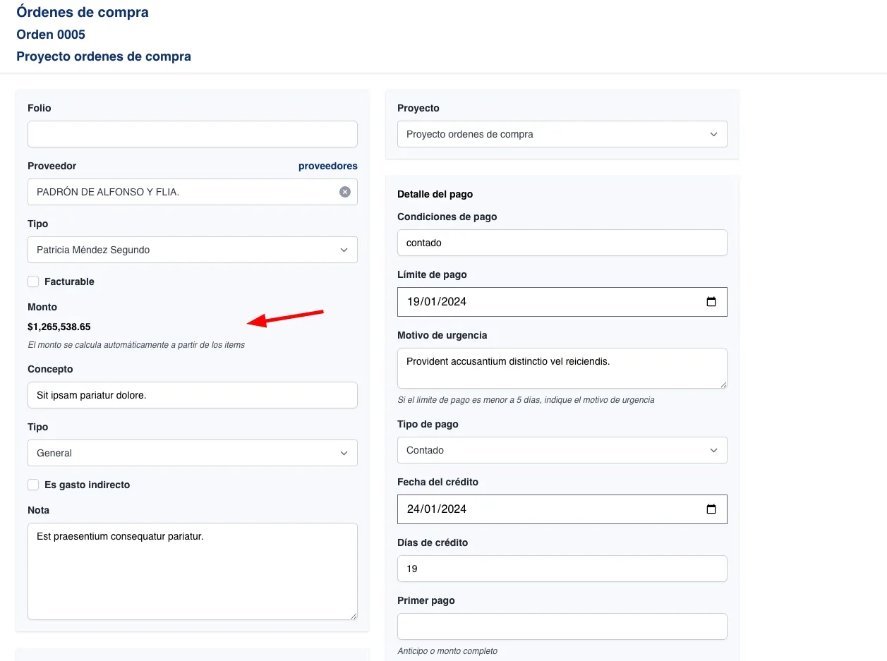 En OC el campo monto se deshabilita cuando existen ítems